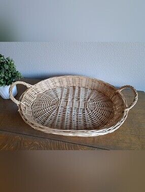 Oval Wicker Tray Basket with Handles Natural Tone